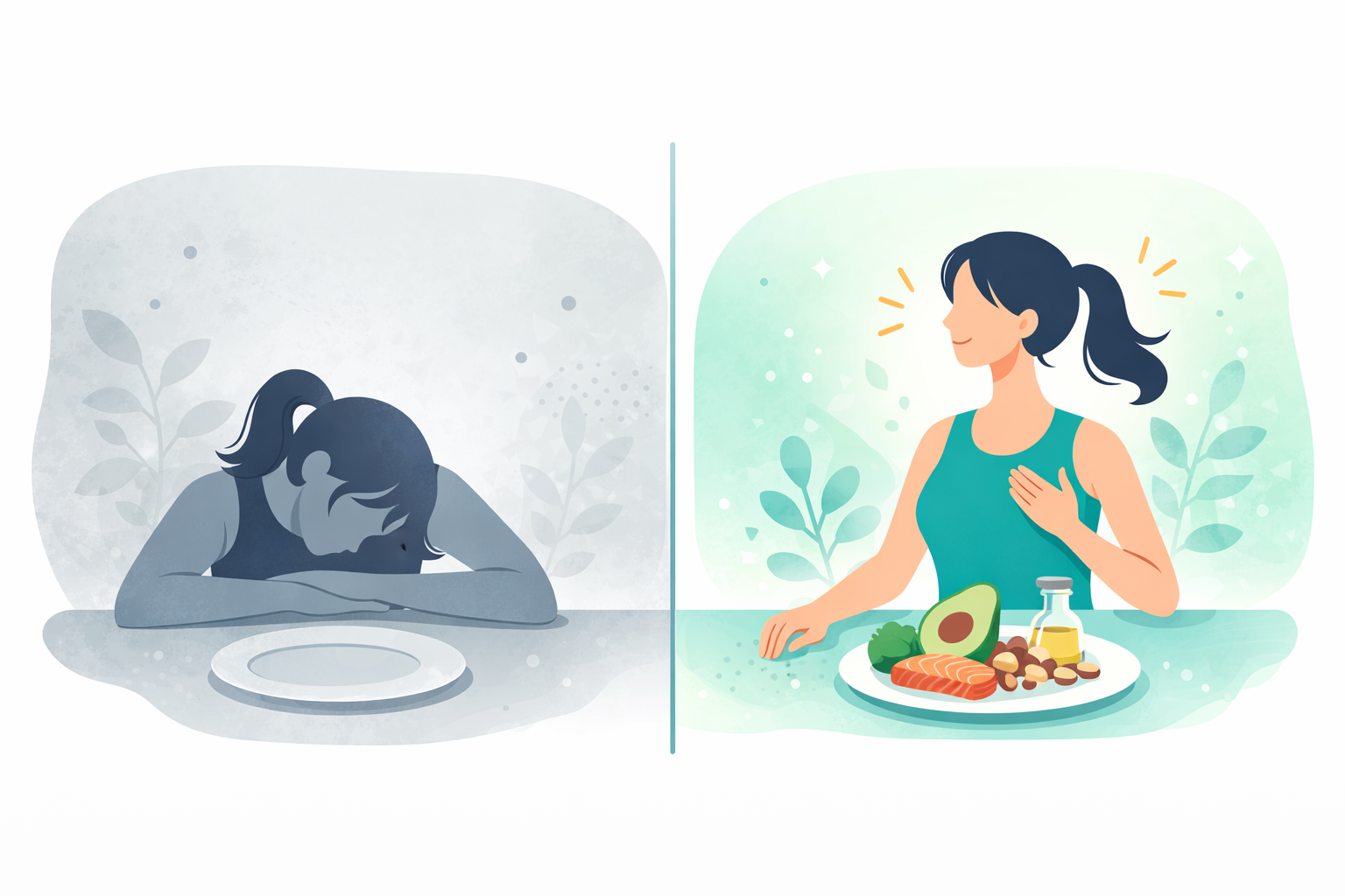極端な脂質カットでうなだれる女性と良質な脂質を含む食事で元気な女性を対比するイラスト