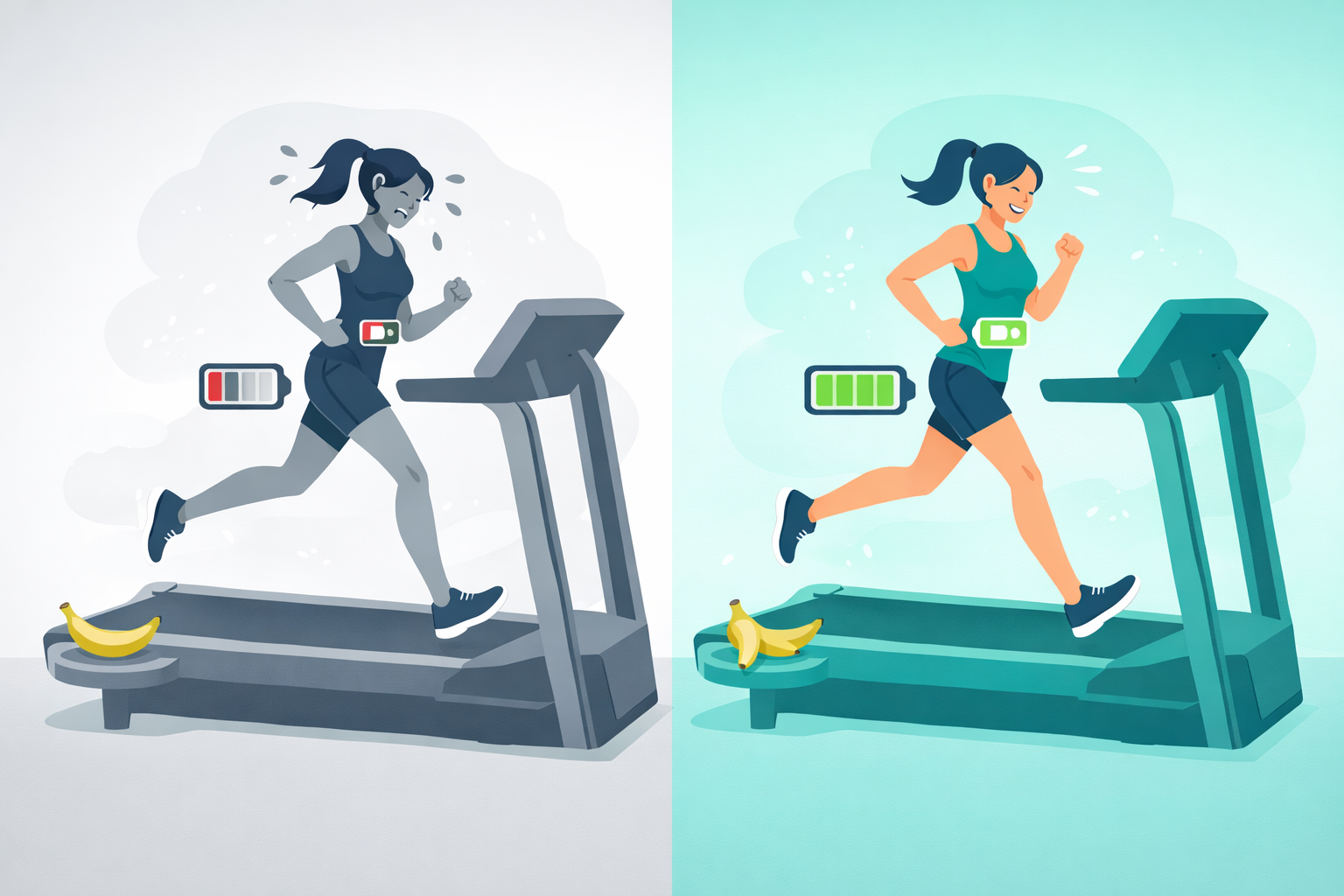 空腹時トレーニングと食後トレーニングを比較するイラスト。空腹でエネルギー切れの女性とバナナを食べてエネルギー満タンで走る女性を対比
