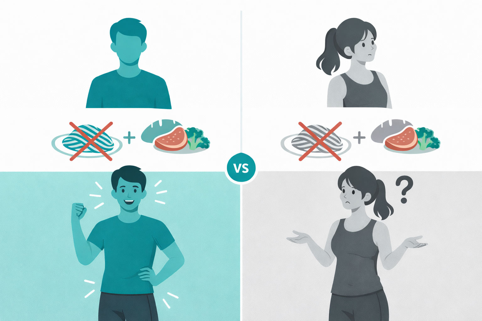 低糖質ダイエットの効果における男女差と個人差を示すイラスト。男性では効果が出やすい場合があるが女性では結果が一貫しないことを表現