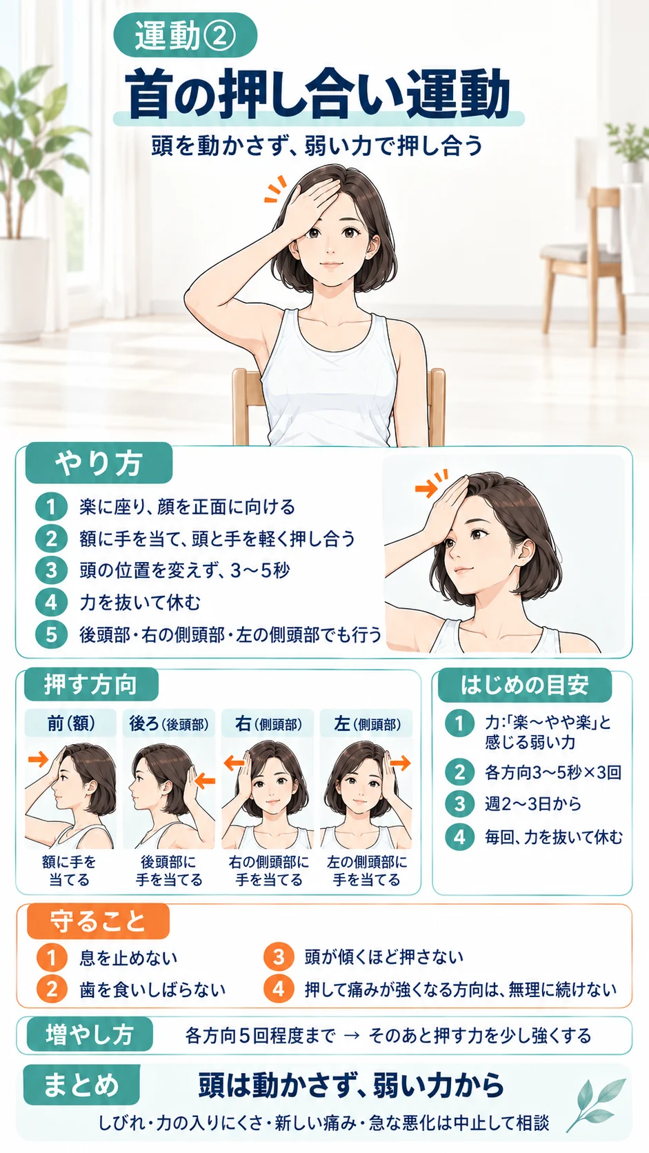 首の押し合い運動。額・後頭部・右と左の側頭部に手を当て、頭を動かさずに弱い力で押し合う。各方向3〜5秒×3回、週2〜3日から。息を止めない、歯を食いしばらない、頭が傾くほど押さない。